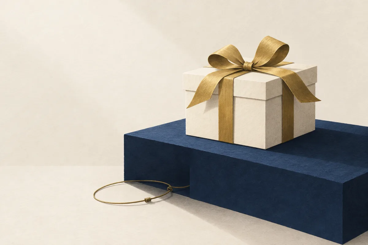 Illustration: a gift box tied with brass ribbon on a navy plinth, a thin wire snare in its shadow