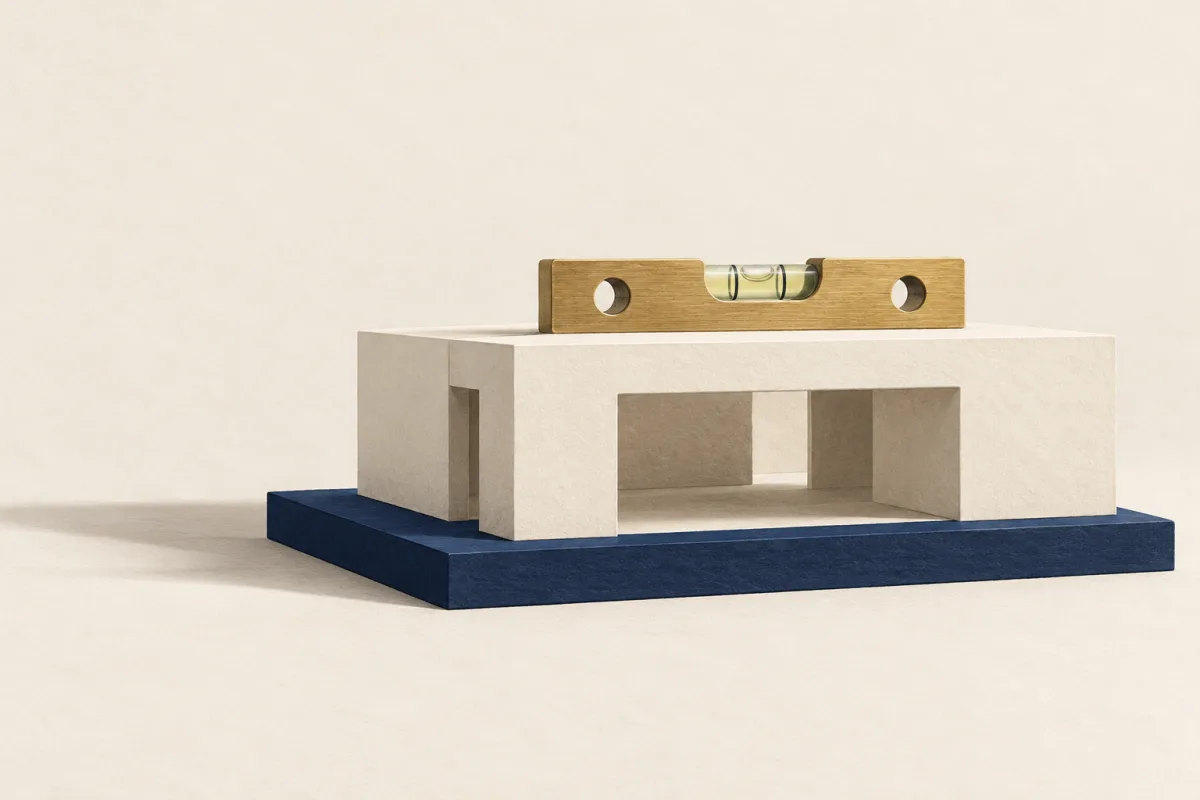 Illustration: an ivory paper building model on a navy base with a brass spirit level on its roof