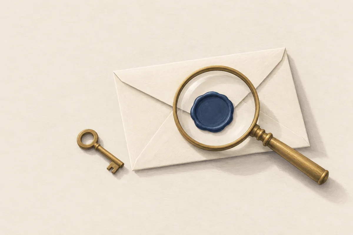 Illustration: a brass magnifying glass over the navy wax seal of an ivory envelope, with a brass key