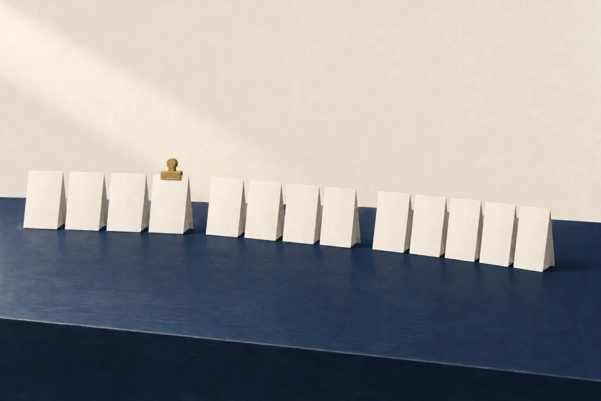 Illustration: a long row of blank ivory cards standing on a navy desk, one marked with a brass clip