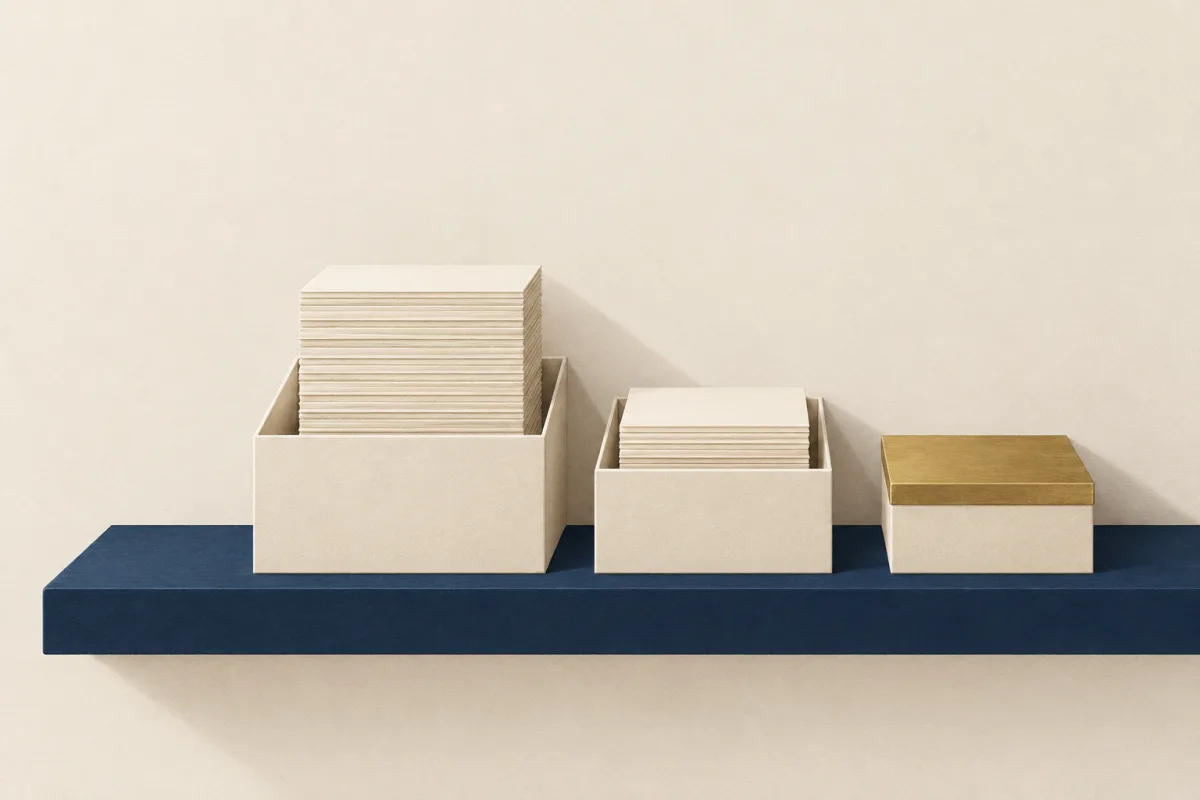 Illustration: three ivory boxes of decreasing size on a navy shelf, two with paper stacks, one with a brass lid