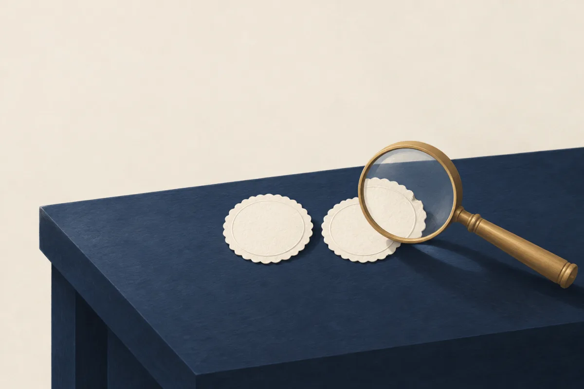 Illustration: a brass magnifying glass over one of two near-identical ivory paper seals